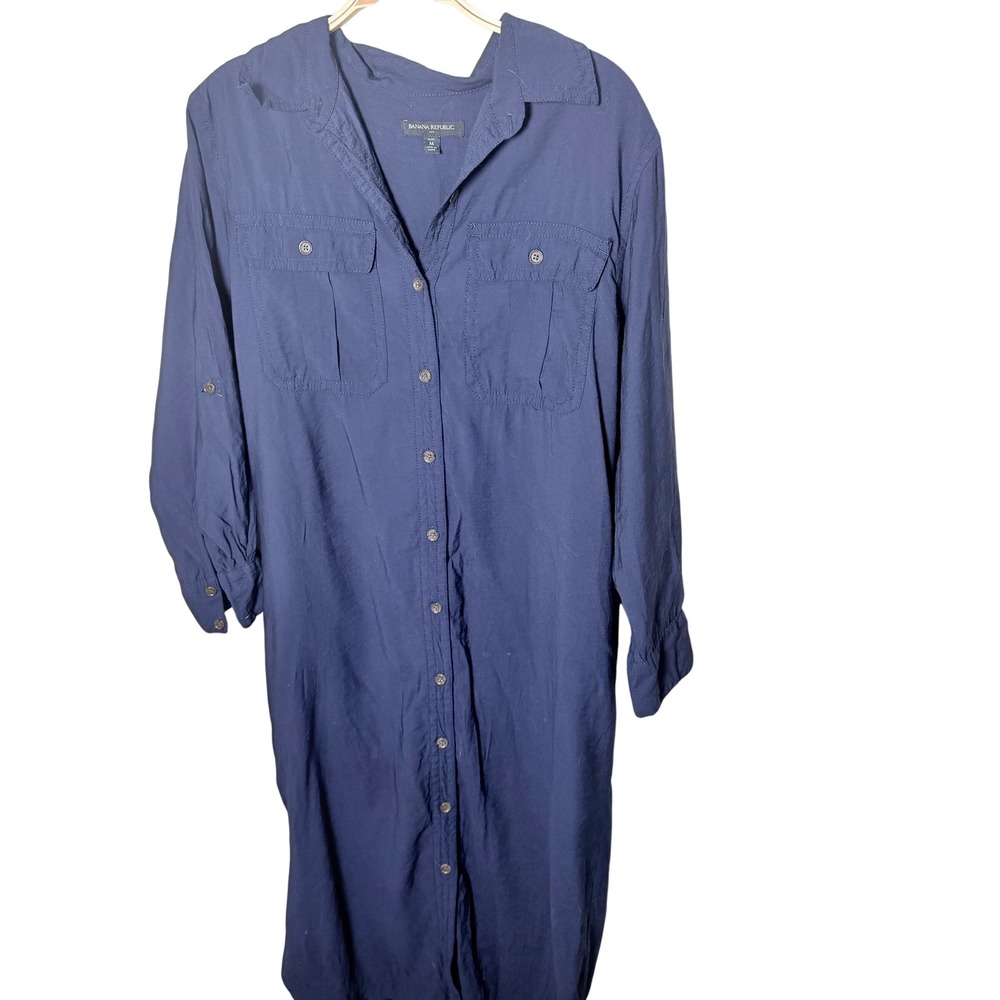 Banana Republic Navy Blue Button Front Shirt Dress Petite M Midi Roll Tab Sleeve